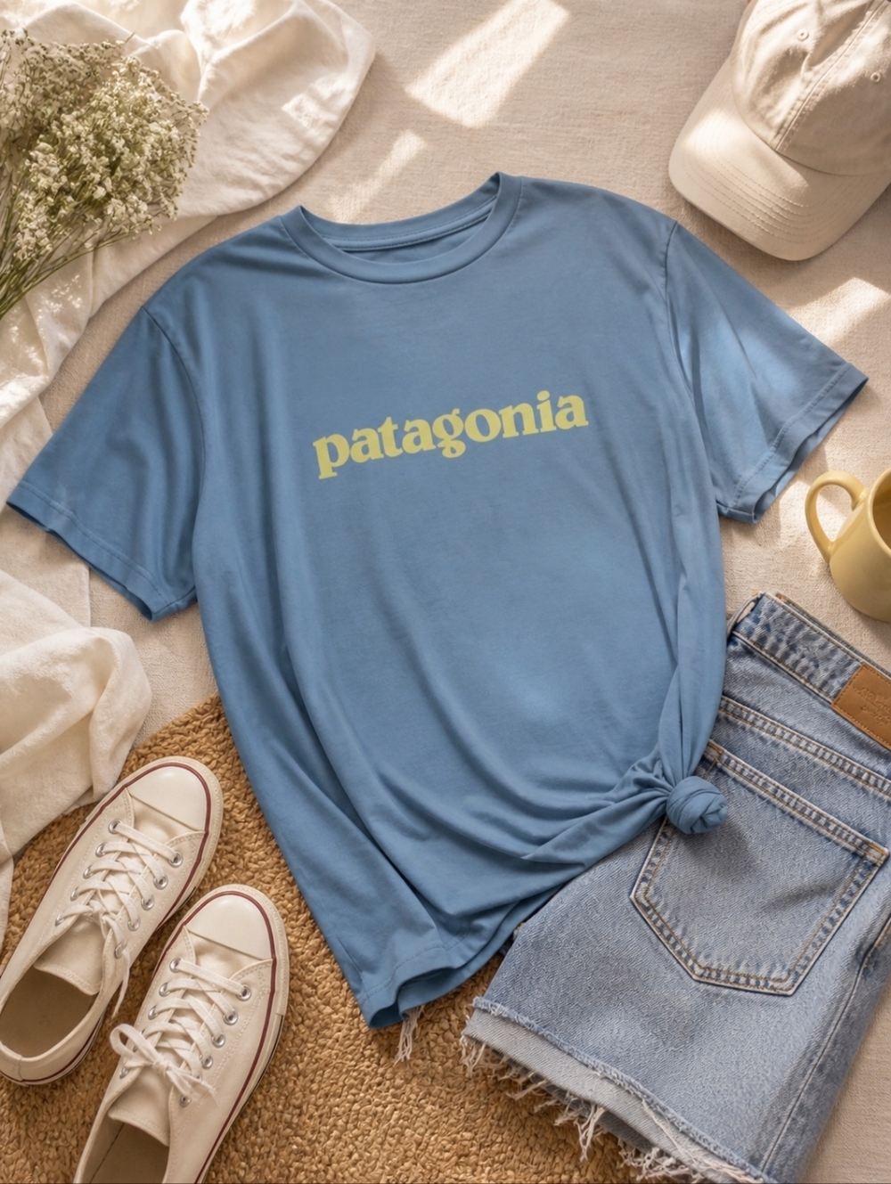 Patagonia Slate Blue Tee with Yellow Logo Size Medium